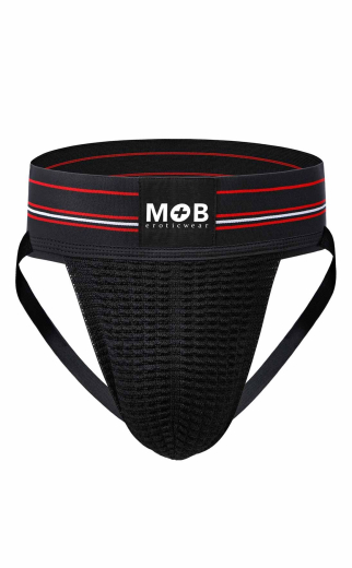 MOB Classic wide Jockstrap black elastic & breathable w. black MOB-Logo & colored Stripes on the wide Waistband buy cheap
