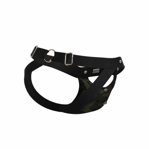 MOB Eroticwear Dngeon Peekaboo Jock grün mit Einblick & Metalldetails verziert Kunstleder einstellbar von S bis XL kaufen