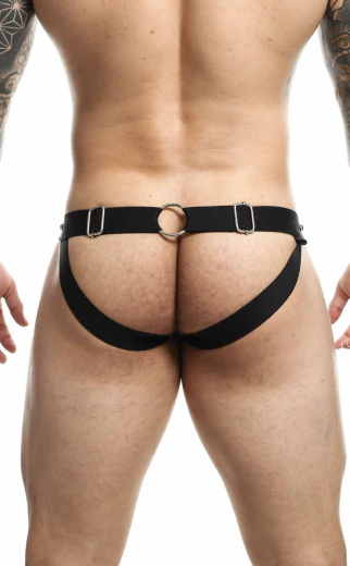 MOB Eroticwear Dngeon Peekaboo Jock rot mit Einblick & Metalldetails verziert Kunstleder einstellbar von S bis XL kaufen