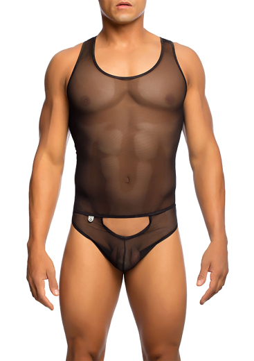 MOB Eroticwear Sheer Body Tulle black transparent & elastic w. Front-Cutout & Thong-Back fine Mesh Bodysuit for Men buy