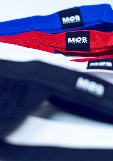 MOB Fetish Swim Jockstrap blue elastic & breathable with slim Waistband & MOB-Logo low-cut Design buy