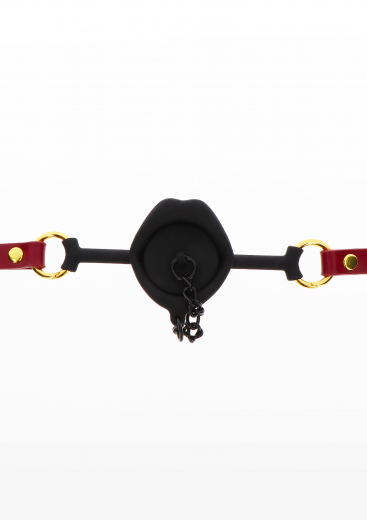 Mouth Gag Silicone w. Cap Lips red-gold PU-Leather