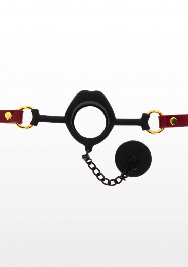 Mouth Gag Silicone w. Cap Lips red-gold PU-Leather
