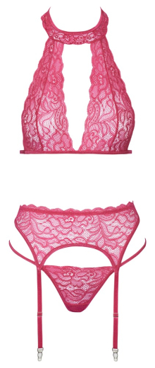 Nackenträger-BH Strapsgurt & String Spitze pink