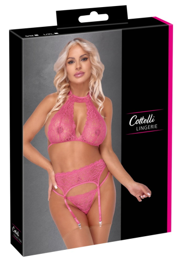 Nackenträger-BH Strapsgurt & String Spitze pink