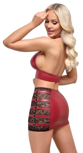Nackenträger-Top & Minirock Wetlook & Spitze rot-schwarz bauchfrei mit Spitzen-Einsätzen enger Rock m. Metallringen kaufen