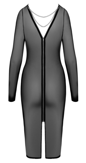 Netzkleid langarm m. Reissverschluss & Zierketten knielang elastisch & transparent m. Ausschnitt & Kettchen hinten kaufen