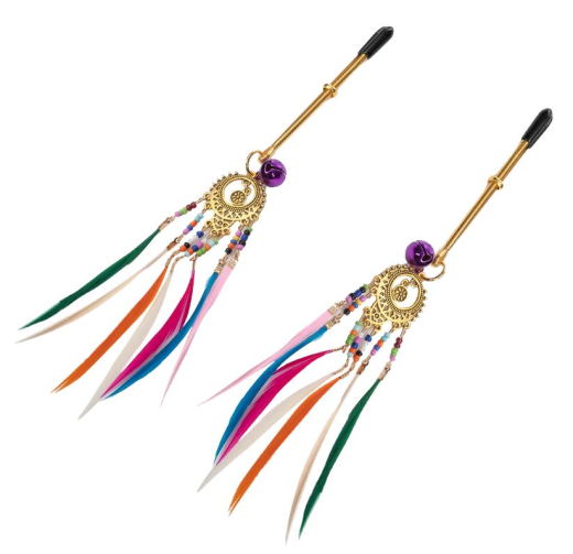 Nipple Tweezer Clamps w. Feathers gold-multicolor decorative w. Bell Pendants & Dream Catcher adjustable by Slider buy