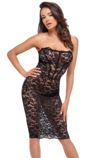Noir Kleid trägerlos m. Schnürung Spitze knielang im Corsagen-Stil mit Nähten vorn hinten geschnürt F301 Spitzenkleid kaufen