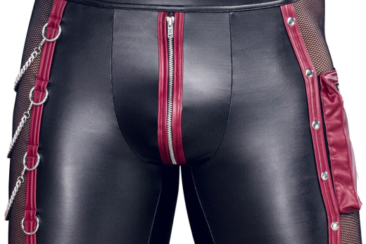 Pants w. Chains & Fishnet Mattlook up to XXL w. Zipper @Bag Cargo-Pocket transparent Side Inserts red Stripes by NEK buy