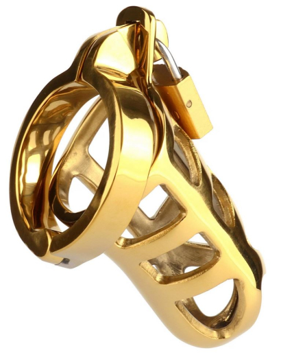 Penis-Keuschheitskäfig Brutal Edelstahl goldfarben schwerer gitterartiger Peniskäfig mit 45mm Cockring kaufen
