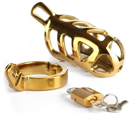 Penis-Keuschheitskäfig Brutal Edelstahl goldfarben gitterartiger Peniskäfig mit 45 mm Penisring von MR STEEL kaufen