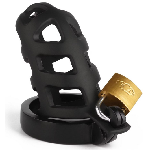 Penis Chastity Cage Brutal Stainless Steel black Grid-Design with 2 different Cock-Rings & Padlock by MR STEEL buy cheap