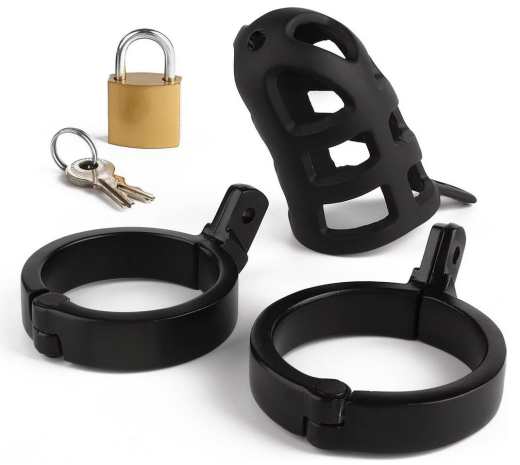 Penis Chastity Cage Brutal Stainless Steel black with 2 different hinged Cock-Rings & Padlock by MR STEEL buy cheap