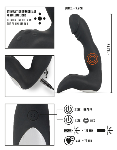 Prostatavibrator m. Dammstimulator & Peniskopf aufladbar Silikon