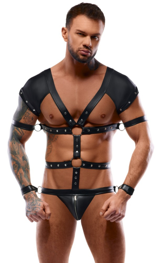 Riemenbody Harness-Look m. Handfesseln & Nieten Mattlook