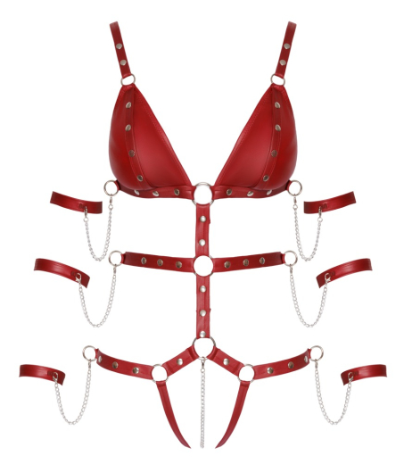 Riemenbody ouvert m. Fesselriemen Mattlook rot nietenverziert Cups zum öffnen & Schrittkette günstig kaufen