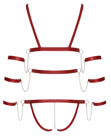 Riemenbody ouvert m. Fesselriemen Mattlook rot Bondage-Body Cups zum öffnen & Schrittkette & Armfesseln kaufen