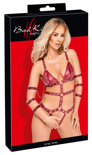 Riemenbody ouvert m. Fesselriemen Mattlook rot mit abnehmbaren Cups & Schrittkette Bondage-Body kaufen