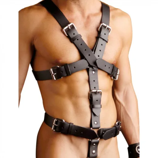 Riemenharness m. Cockring Leder Full Body Harness