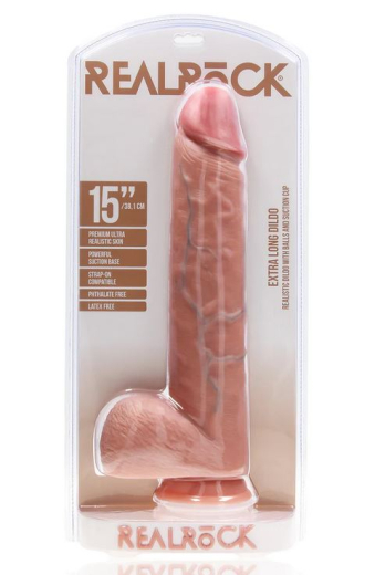Giant Dildo w. Suction Cup XL Straight 15-Inch skin w. Balls & Veins durable PVC Material by REALROCK buy cheap