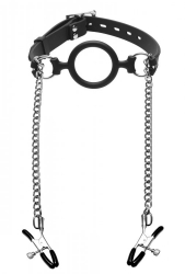 Ring Gag Silicone lockable w. Nipple Clamps