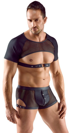 Shirt open Chest Mesh & Mattlook elastic transparent-black with masculine adjustable Underbust-Strap & short Sleeves buy