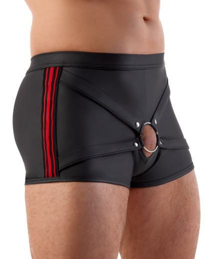 Shorts m. Cockring Showmaster Mattlook schwarz-rot mit Stretch-Riemen & austauschbarem Metallring vorne kaufen