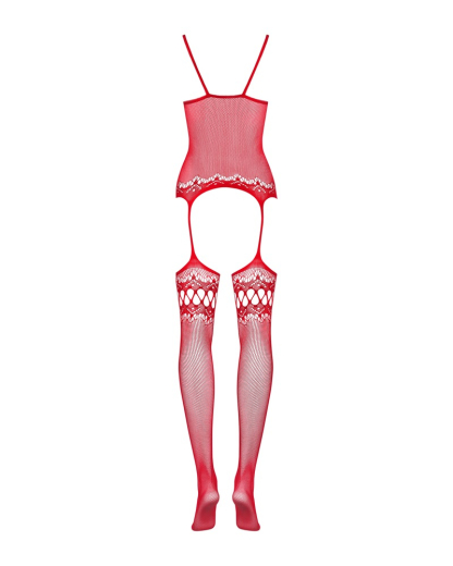 Bodystocking à bretelles en résille Obsessive F214 rouge sans coutures & transparent sans entrejambe avec décorations sur la jambe acheter