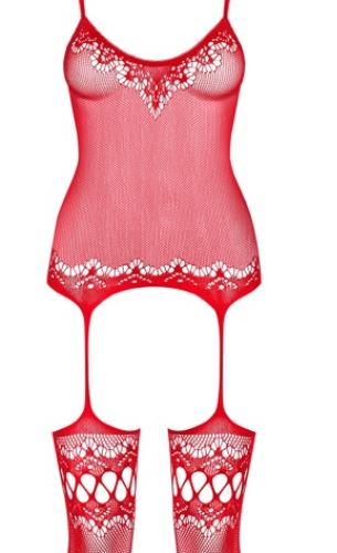 Bodystocking à bretelles en résille Obsessive F214 rouge sans coutures & totalement ouvert à lentrejambe avec ornements sur la jambe acheter
