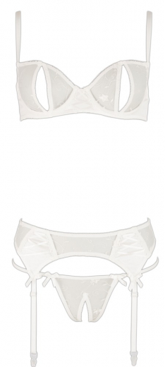 Straps-Set ouvert Feinnetz & Satin bestickt weiss