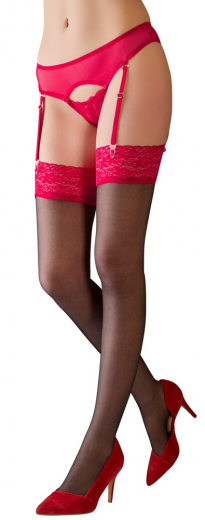 Suspender Stockings black w. red Lace Top