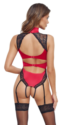 Strapsbody ouvert Satin & Spitze rot-schwarz aufregender Schnitt mit Halsband abnehmbare Strumpfhalter günstig kaufen