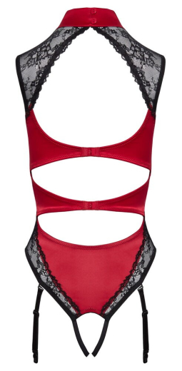 Strapsbody ouvert Satin & Spitze rot-schwarz mit Halsband Sverstell-&-abnehmbare Strumpfhalter kaufen
