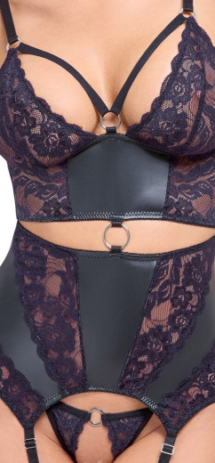 Suspender Shirt & Thong ouvert Mattlook & Lace purple with adjustable 6 Garters Hook Fastener @back Tummy-Cutout buy