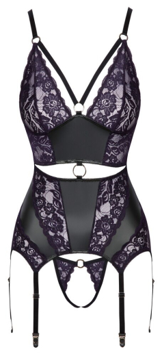 Suspender Shirt & Thong ouvert Mattlook & Lace purple with adjustable 6 Garters Tummy-Cutout by COTTELLI buy cheap