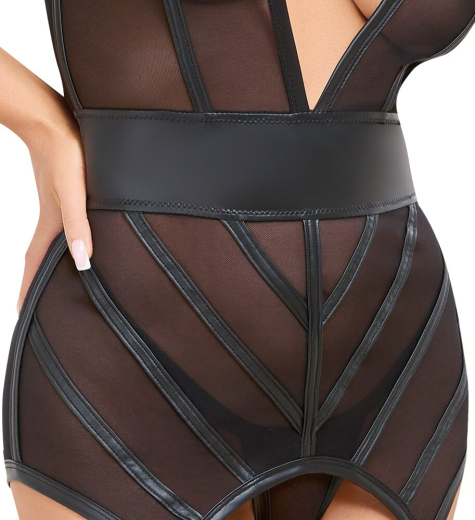 Suspender Shirt & Thong transparent Mesh & Mattlook with deep Necklines @Front & Back figure-hugging Stripes-Design buy