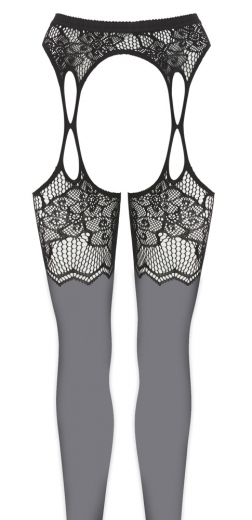 Strapsstrumpfhose Feinnetz m. floralem Muster Spitzen-Look