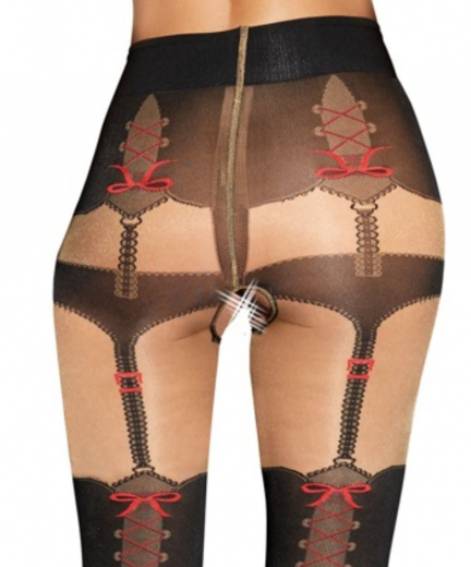 Strumpfhose schrittoffen im Straps-Look