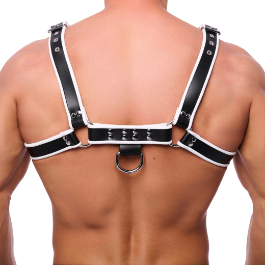 The-RED Premium Harness Leder schwarz-weiss L-XL mit 4 Schnallen 3.5cm breite Rindsleder-Riemen günstig kaufen