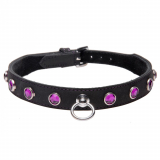 Leder Halsband m. Strass & Ring violett