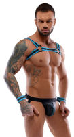 Chest Harness & Jock w. Wrist Cuffs Neoprene-Look black with blue Contrasts by Snaps adjustable Harness cheap