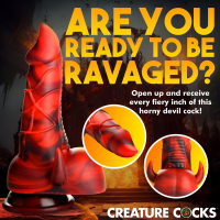 Acheter Godemiché Creature Cocks Horny Devil avec ventouse Silicone côtelé texturé rouge-noir avec cornes