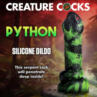 Acheter gode fantaisie avec ventouse Phyton Silicone vert, noir et rouge, gode serpent à écailles avec yeux