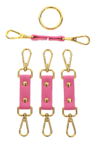 Acquista i polsini per caviglia Hogtie in similpelle rosa-oro con 4 moschettoni dorati e connettori rosa