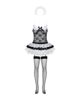 Ensemble Costume French Maid avec jupe à volants 5 pièces Chemise à Jarretelles Mini-jupe Bas Bandeau & String acheter à bas prix