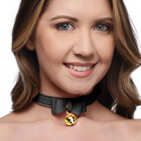 Collar w. Bell Kitty black-gold PU-Leather Cat-Collar w. Bow & round golden-colored Bell-Pendant by MASTER SERIES buy
