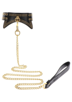 Collar studded & Chain Leash black-gold PU-Leather golden-colored Rivets Chain & Hand Loop from TABOOM buy cheap