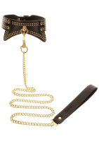 Acheter collier avec rivets & laisse en chaîne noir-doré en similicuir avec rivets ronds dorés & chaîne avec dragonne