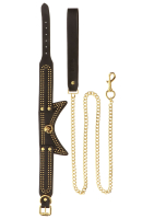 Collar studded & Chain Leash black-gold PU-Leather golden-colored Rivets & Guide-Leash from TABOOM buy cheap